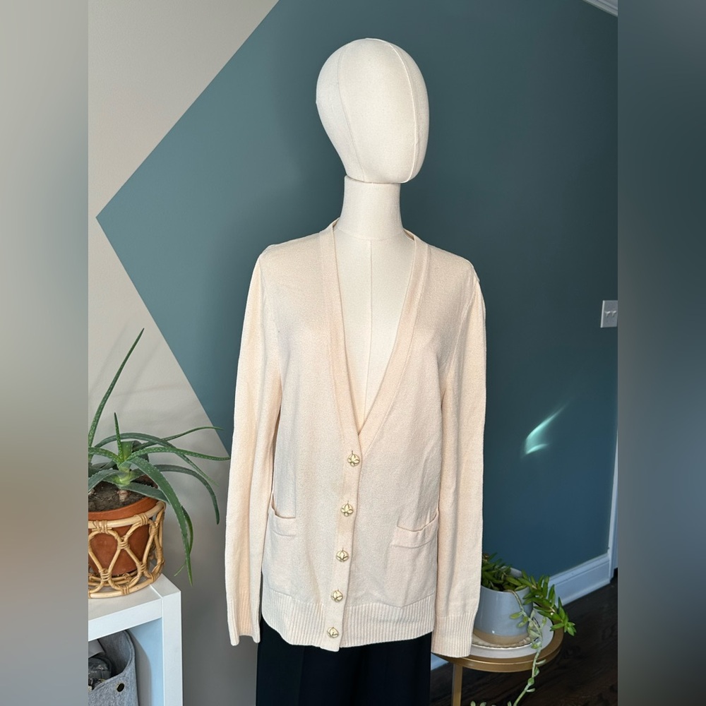 St. John Caviar Vintage Beige Knit Cardigan Gold Floral Buttons Classic Luxury M - Picture 2 of 12